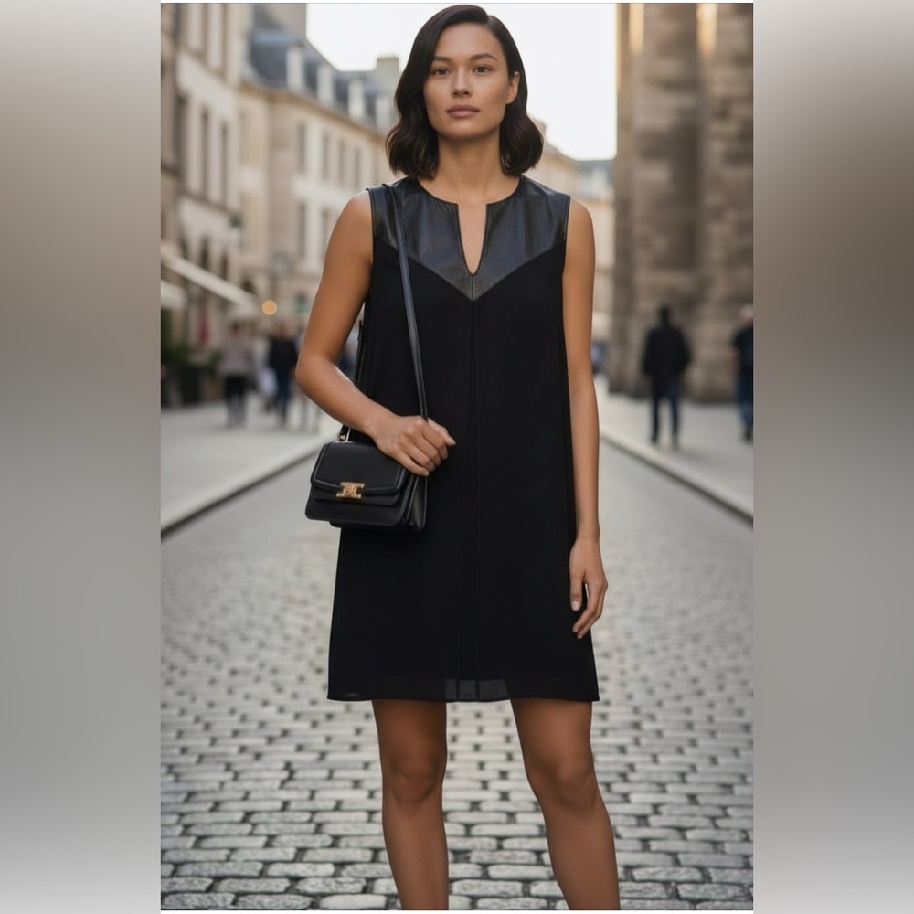 Vince., XS, women’s designer satin shoulder stretch navy blue mini shift dress